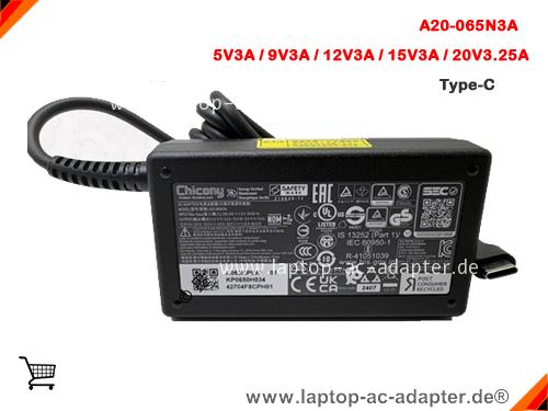 Original CHICONY A20-065N3A adapter, 20V 3.25A A20-065N3A Notebook Netzteile, CHICONY20V3.25A65W-Type-C