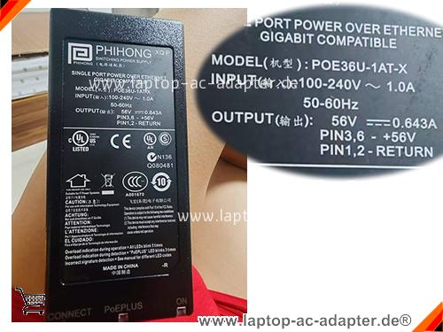Original DATALOGIC 2200VS SCANNER adapter, 56V 0.643A 2200VS SCANNER Notebook Netzteile, PHIHONG56V0.643A36W-1ATX-POE