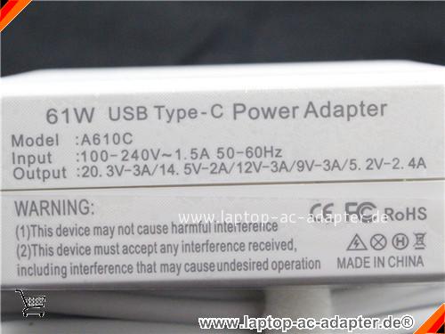 Große Bilder 2 von APPLE A1534 ac adapter, 20.3V 3A A1534 Notebook Netzteile UN20.3V3A61W-Type-C-A610C